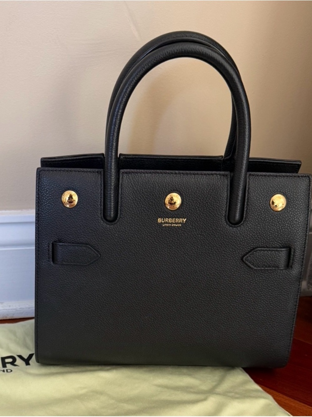 Burberry Black Leather Structured Top-Handle Tote with Gold Hardware